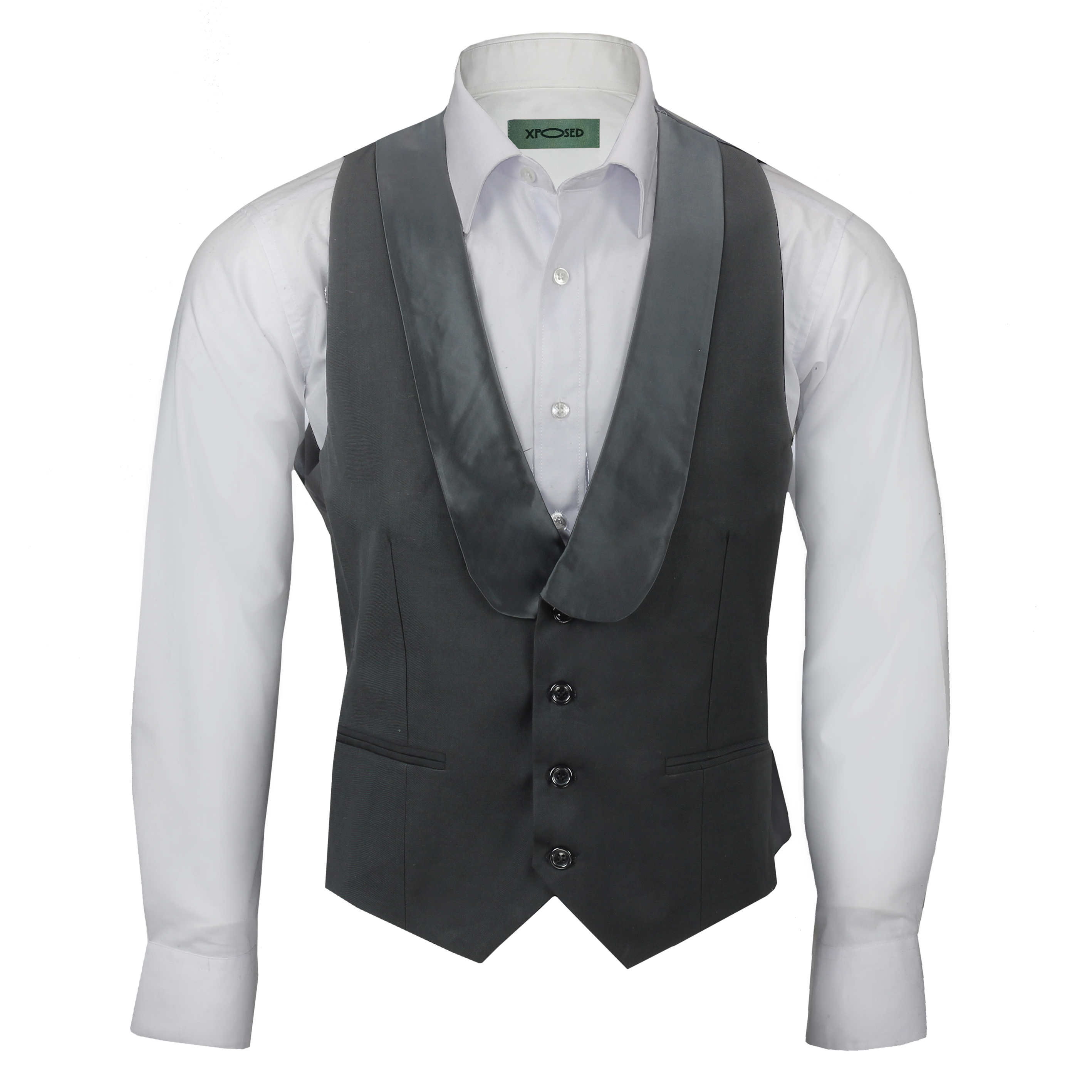 Mens Black Satin Shawl Lapel Waistcoat Tailored Fit Smart Wedding Dress